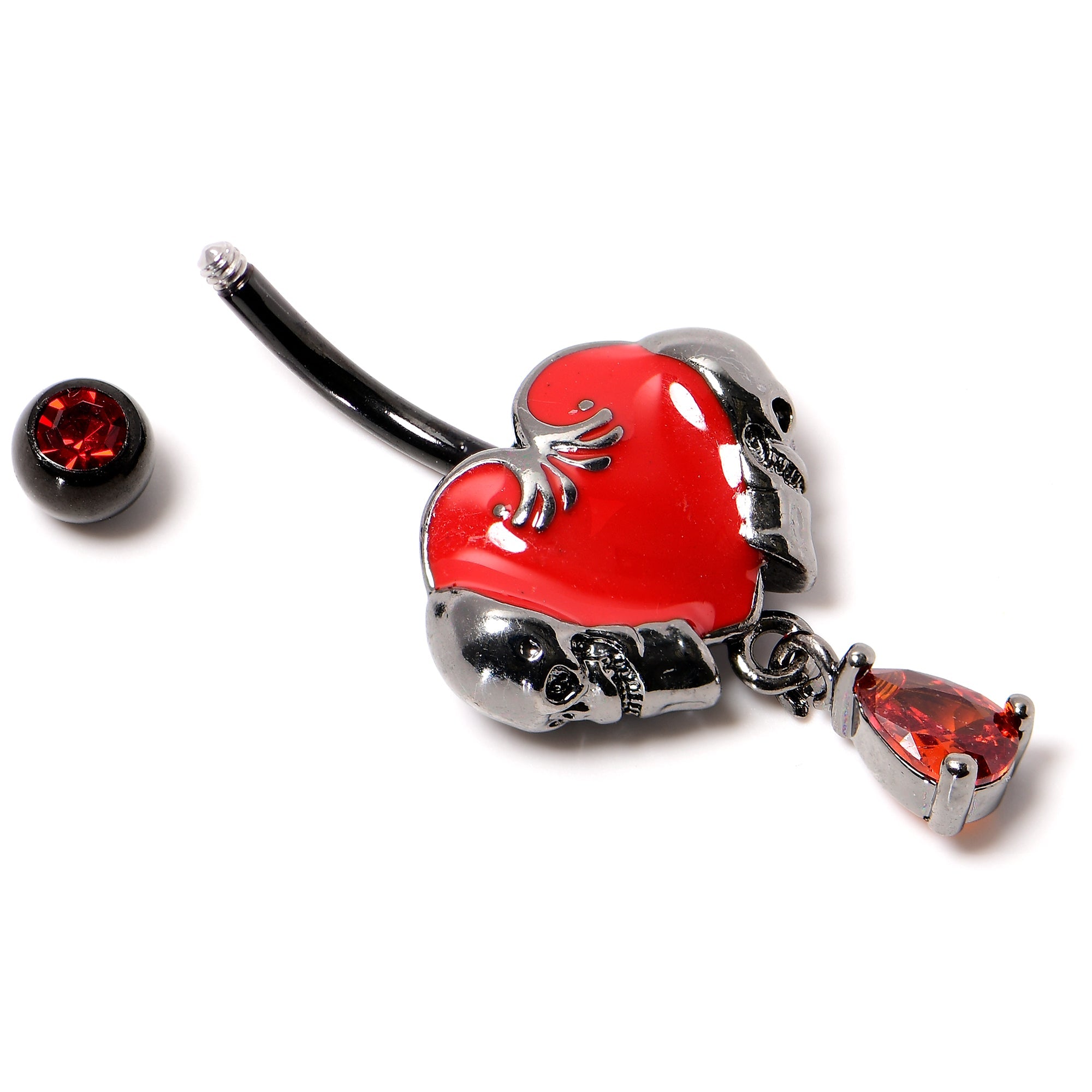 BodyCandy Red CZ Gem Black Double Skull Heart Dangle Belly Ring — lifestyle context
