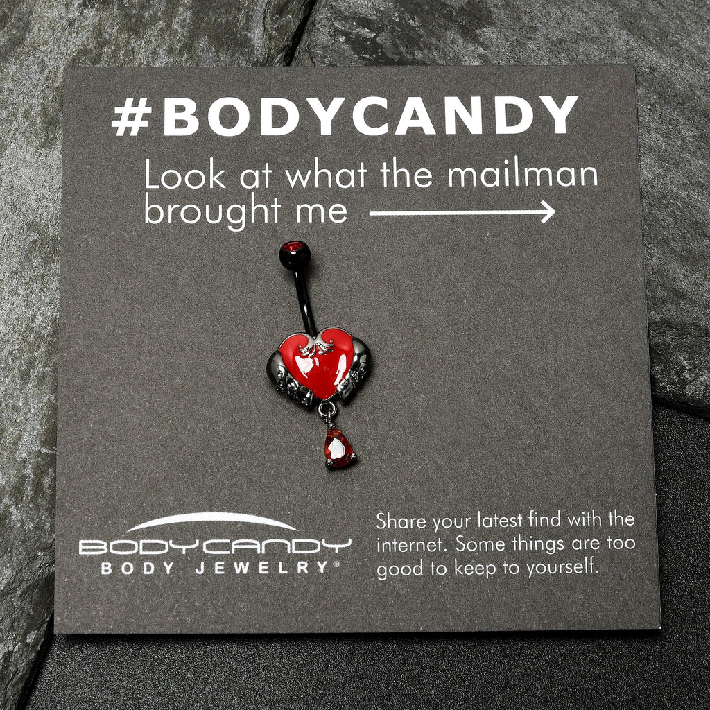 BodyCandy Red CZ Gem Black Double Skull Heart Dangle Belly Ring — side view