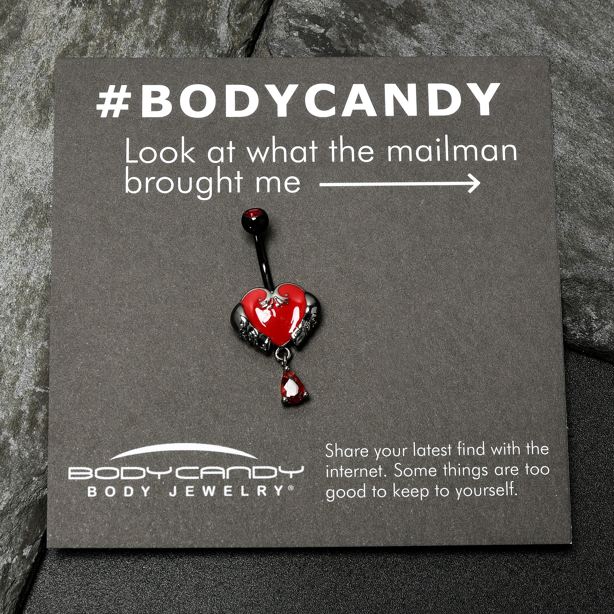 BodyCandy Red CZ Gem Black Double Skull Heart Dangle Belly Ring — side view