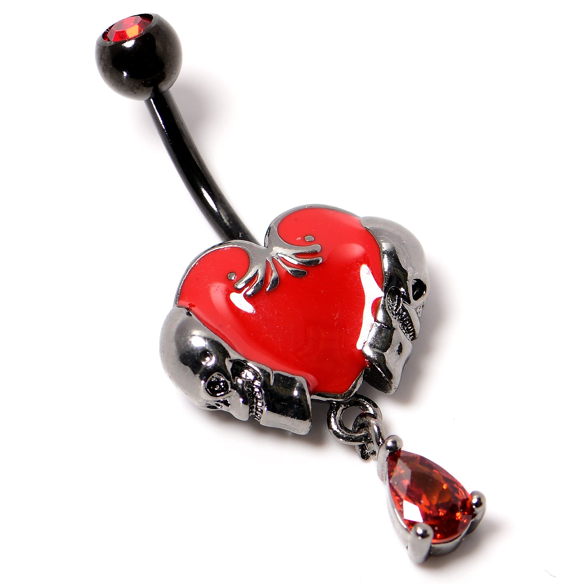 BodyCandy Red CZ Gem Black Double Skull Heart Dangle Belly Ring — back view