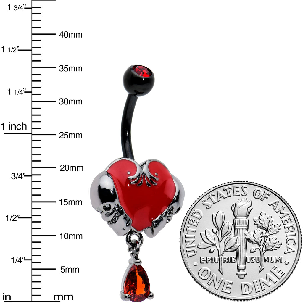 BodyCandy Red CZ Gem Black Double Skull Heart Dangle Belly Ring — alternative angle
