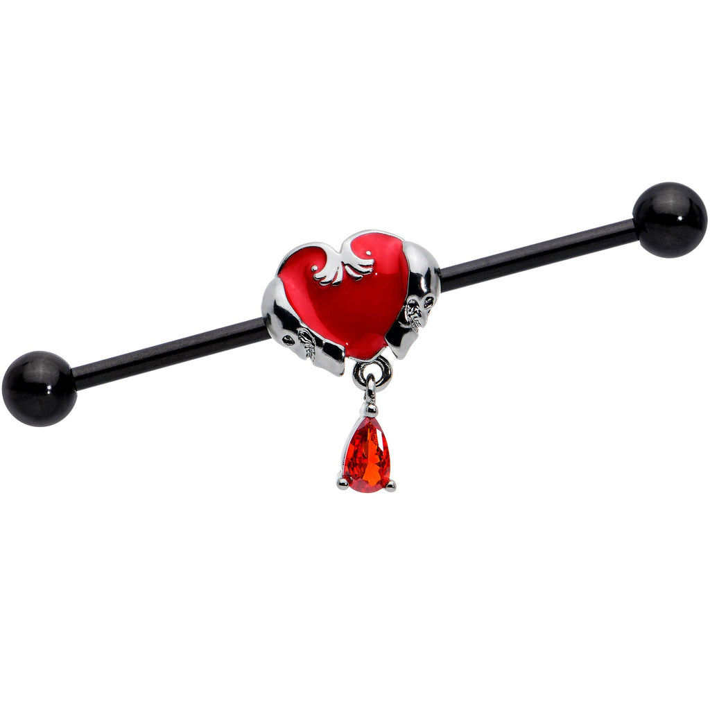 BodyCandy 14G Red CZ Gem Black Duo Skull Heart Dangle Industrial Barbell 38mm — main product shot