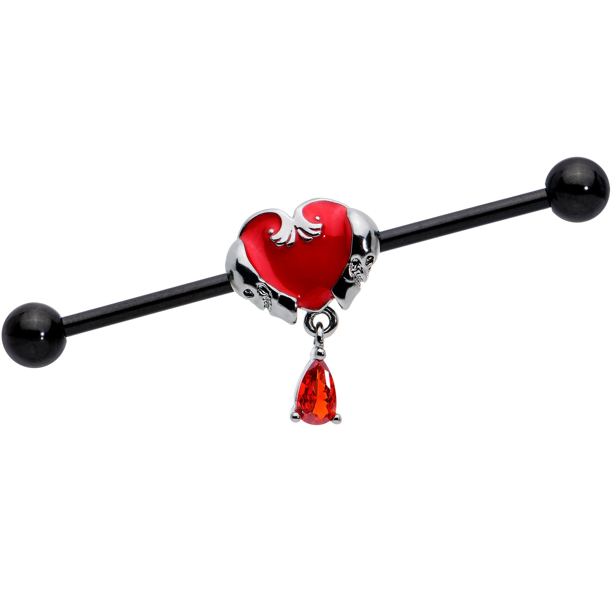 BodyCandy 14G Red CZ Gem Black Duo Skull Heart Dangle Industrial Barbell 38mm — main product shot
