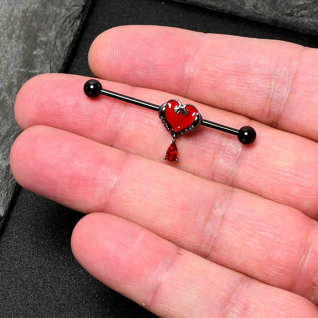BodyCandy 14G Red CZ Gem Black Duo Skull Heart Dangle Industrial Barbell 38mm — detail close-up