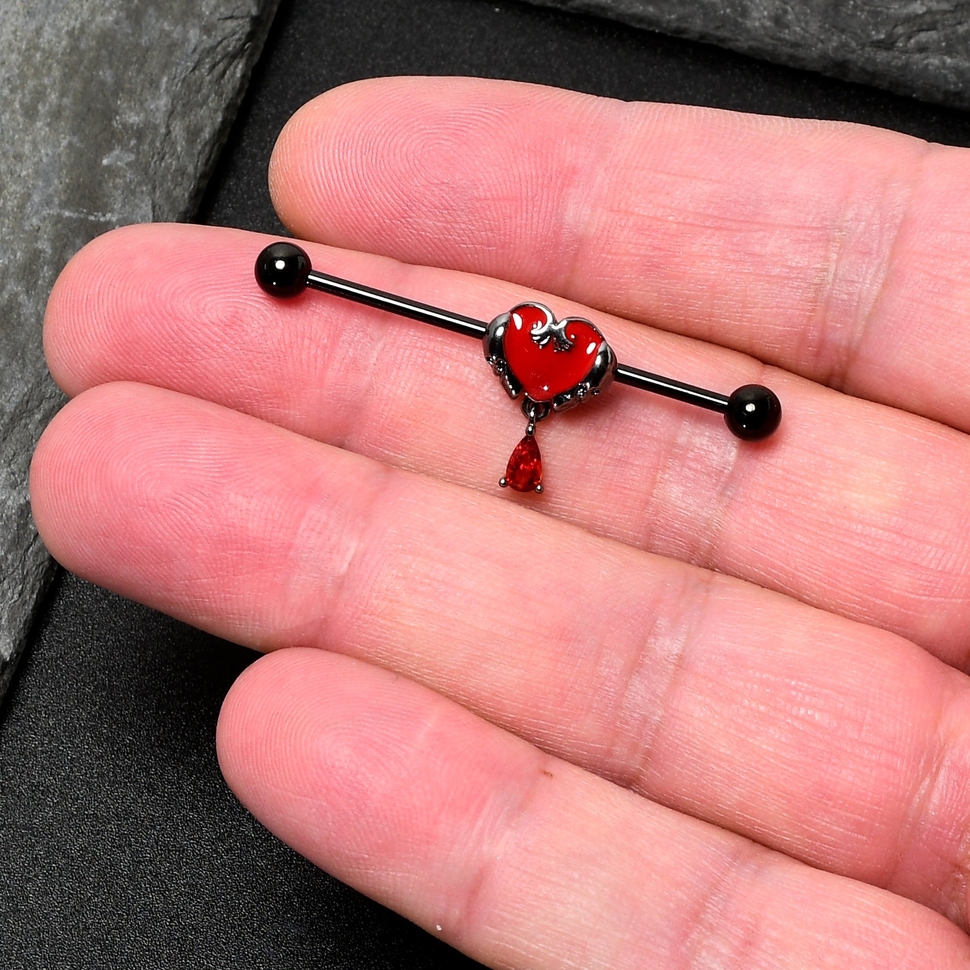 BodyCandy 14G Red CZ Gem Black Duo Skull Heart Dangle Industrial Barbell 38mm — detail close-up