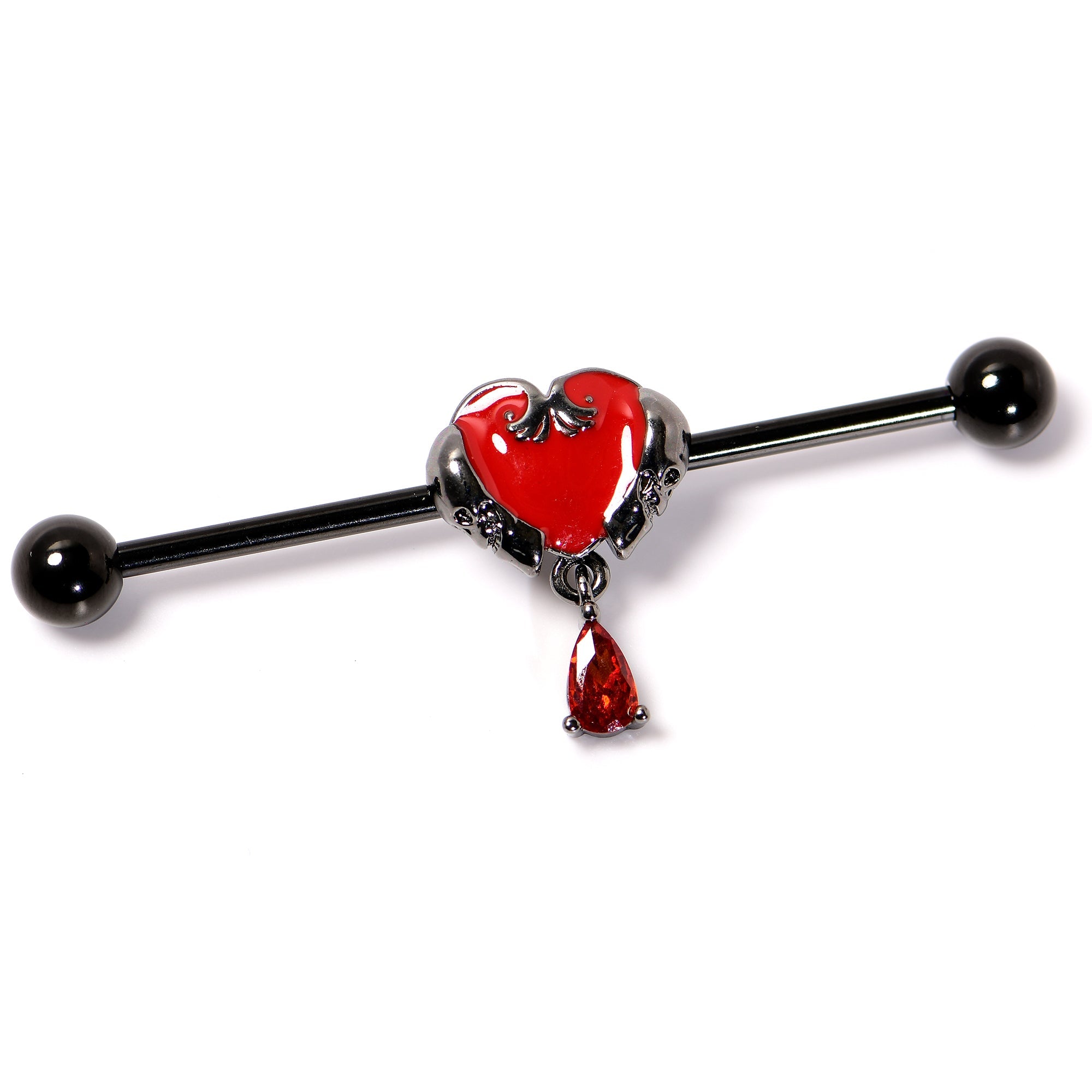 BodyCandy 14G Red CZ Gem Black Duo Skull Heart Dangle Industrial Barbell 38mm — lifestyle context