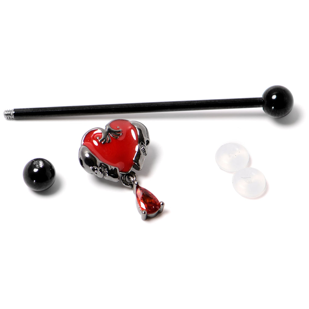 BodyCandy 14G Red CZ Gem Black Duo Skull Heart Dangle Industrial Barbell 38mm — side view