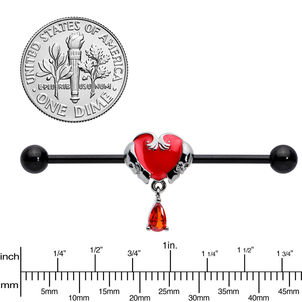 BodyCandy 14G Red CZ Gem Black Duo Skull Heart Dangle Industrial Barbell 38mm — back view