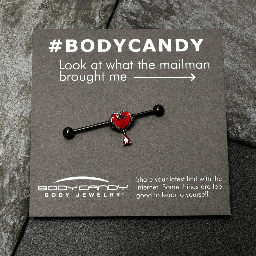 BodyCandy 14G Red CZ Gem Black Duo Skull Heart Dangle Industrial Barbell 38mm — alternative angle