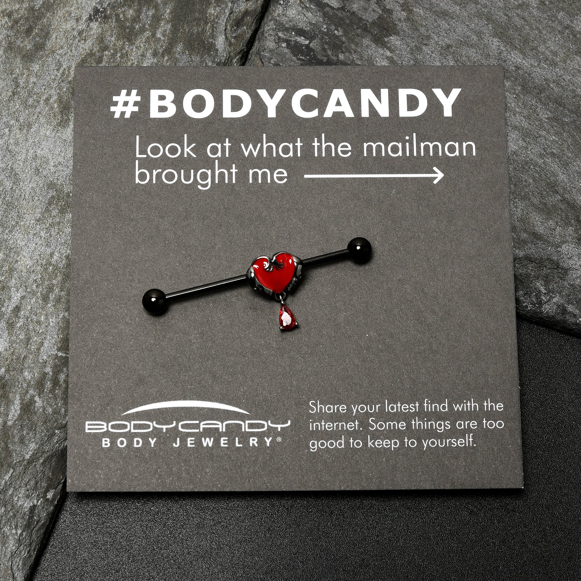 BodyCandy 14G Red CZ Gem Black Duo Skull Heart Dangle Industrial Barbell 38mm — alternative angle