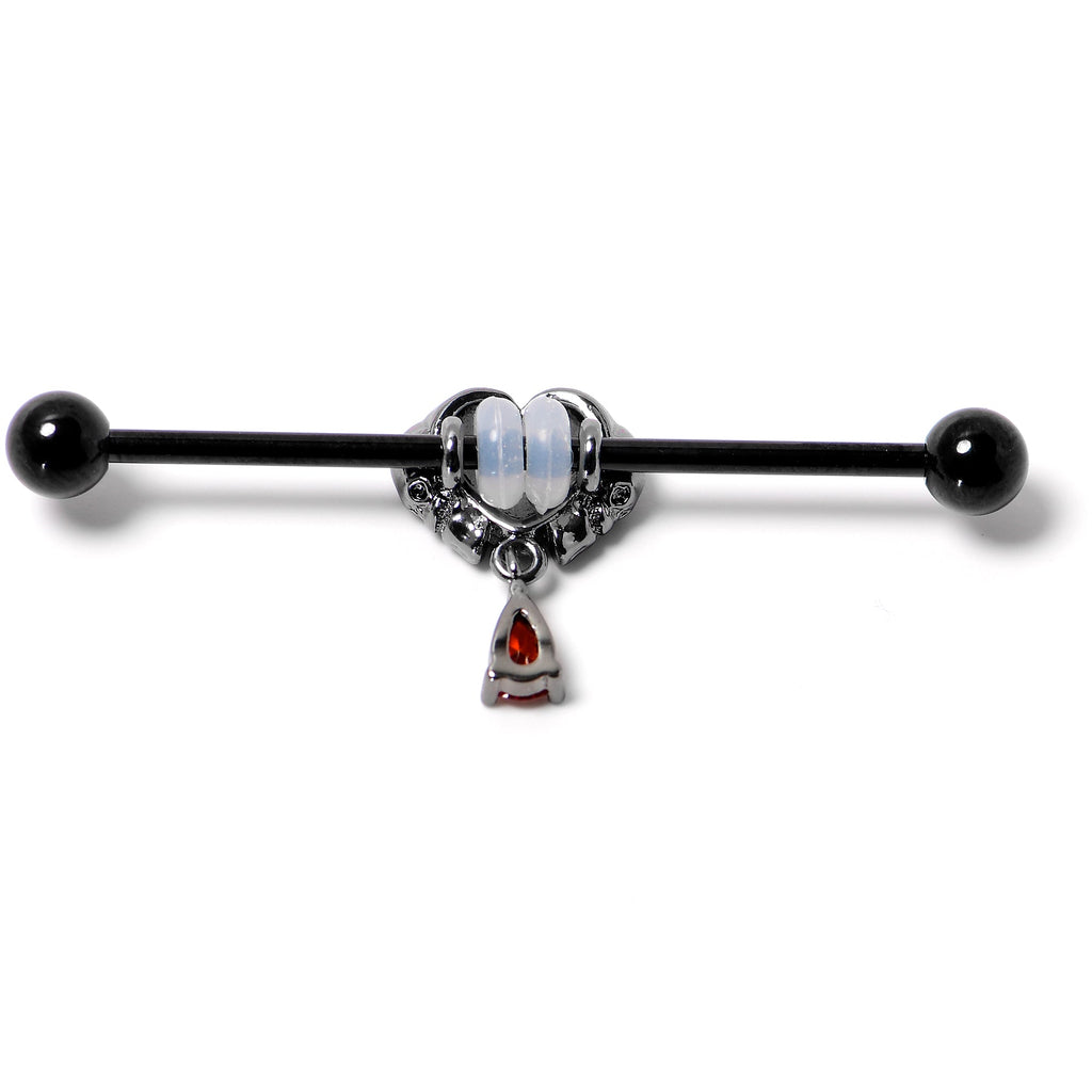 BodyCandy 14G Red CZ Gem Black Duo Skull Heart Dangle Industrial Barbell 38mm — in-use photo