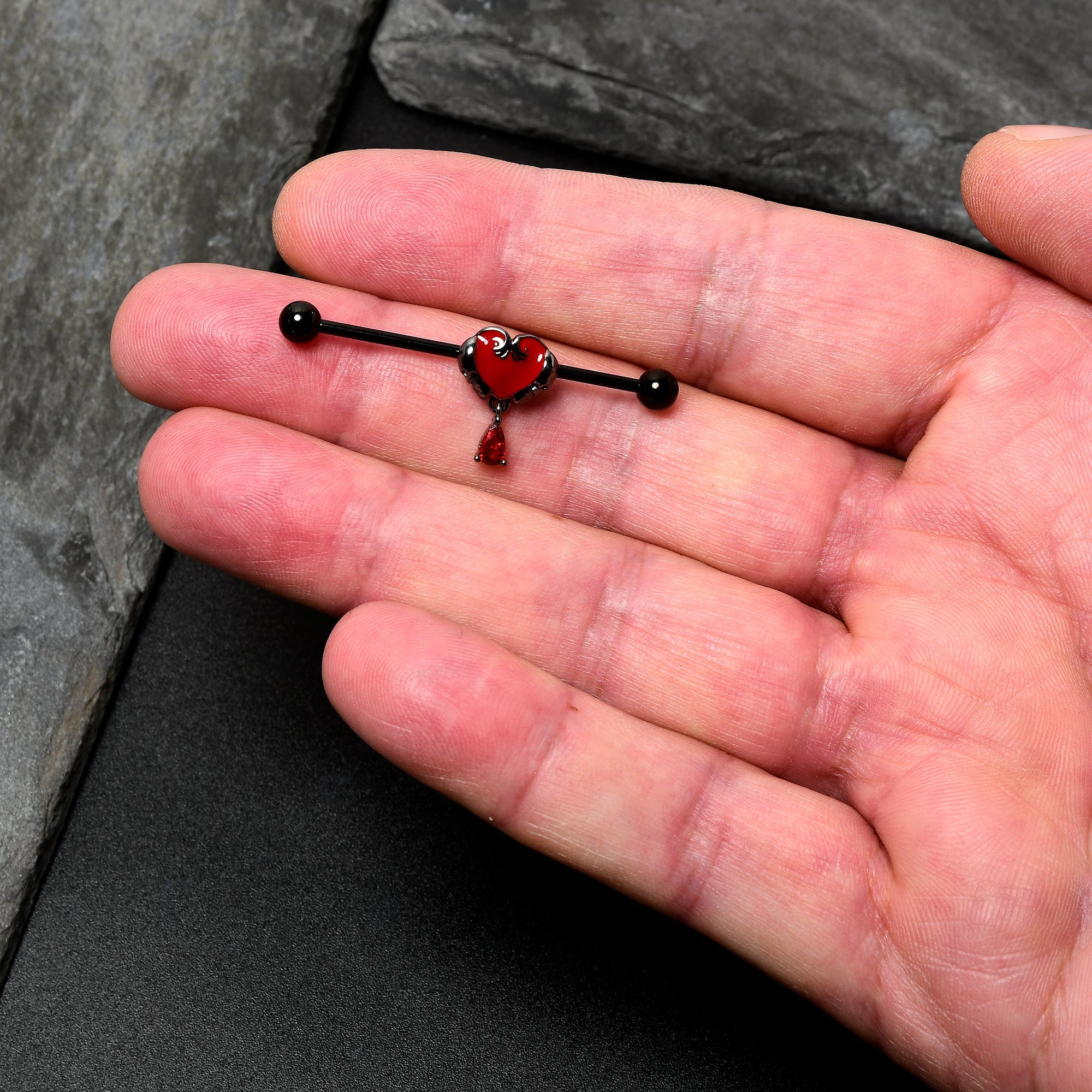 BodyCandy 14G Red CZ Gem Black Duo Skull Heart Dangle Industrial Barbell 38mm — size reference