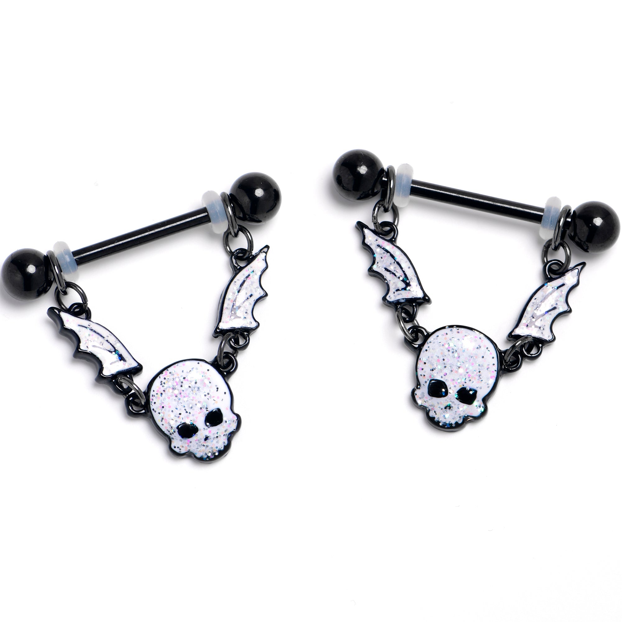 BodyCandy 14G 9/16 Black Winged Skull Glitter Dangle Nipple Ring Set — main product shot