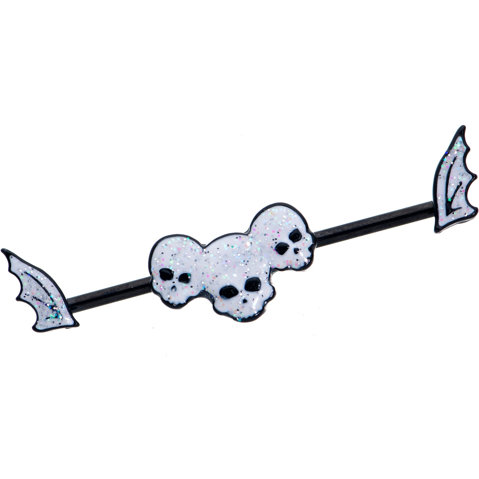BodyCandy 14G Black Winged Skull Glitter Trio Industrial Barbell 38mm — main product shot