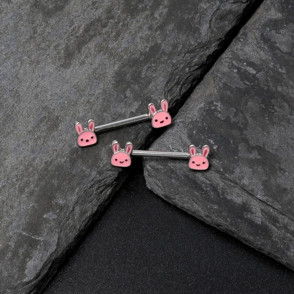 BodyCandy 14G 9/16 Kawaii Cutie Easter Bunny Barbell Nipple Ring Set — in-use photo