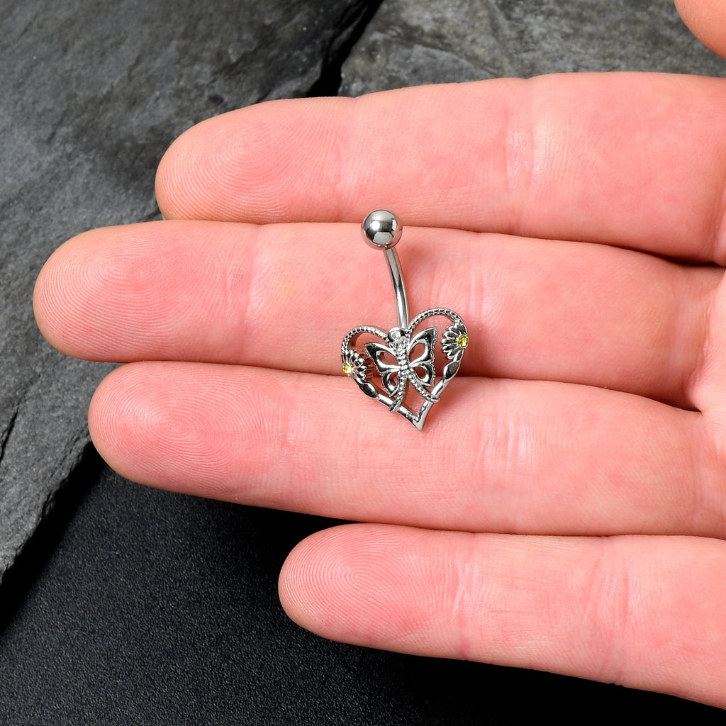 BodyCandy Clear Yellow CZ Gem Heart Flower Butterfly Belly Ring — detail close-up