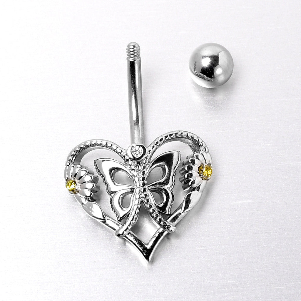 BodyCandy Clear Yellow CZ Gem Heart Flower Butterfly Belly Ring — side view