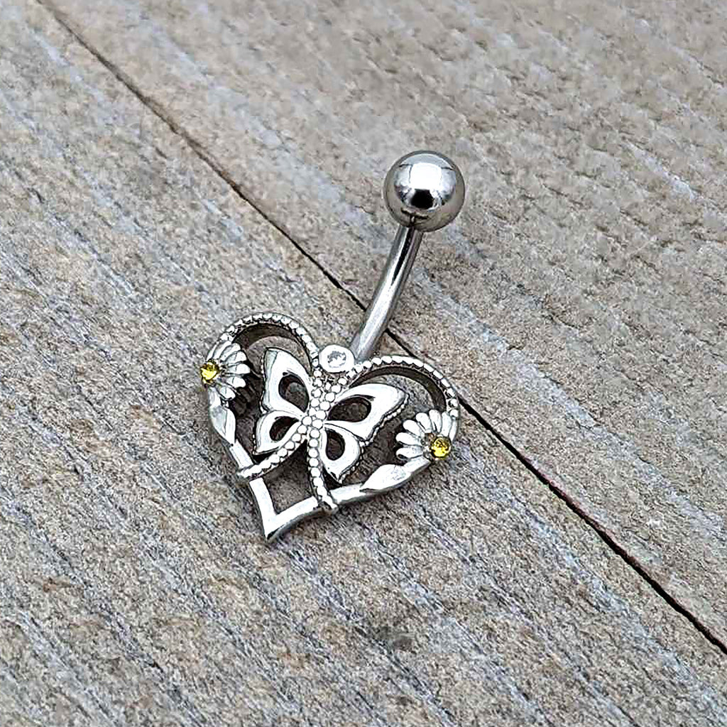 BodyCandy Clear Yellow CZ Gem Heart Flower Butterfly Belly Ring — in-use photo