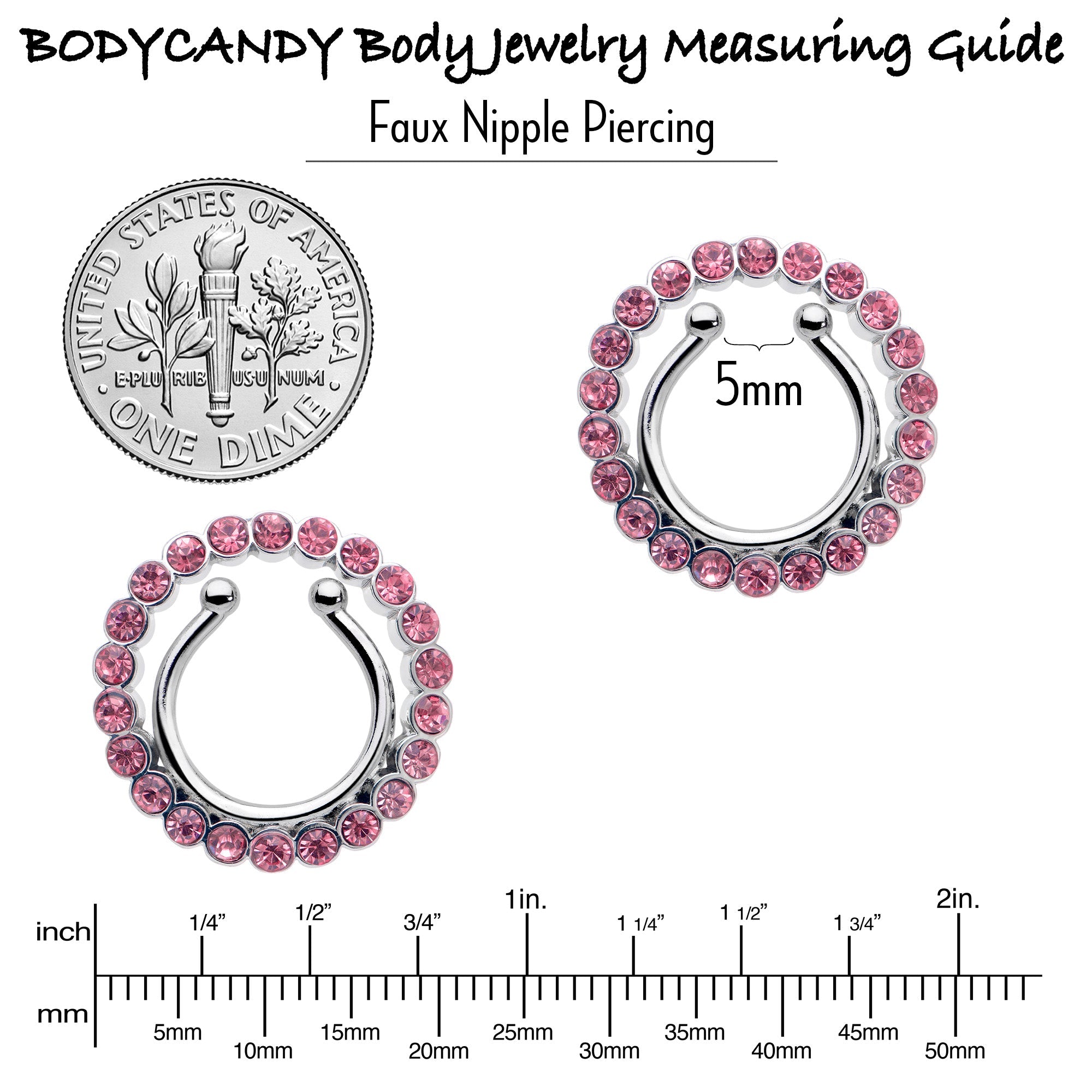 BodyCandy Clip On Fake Nipple Ring Set - Pink, Blue or Clear — size reference