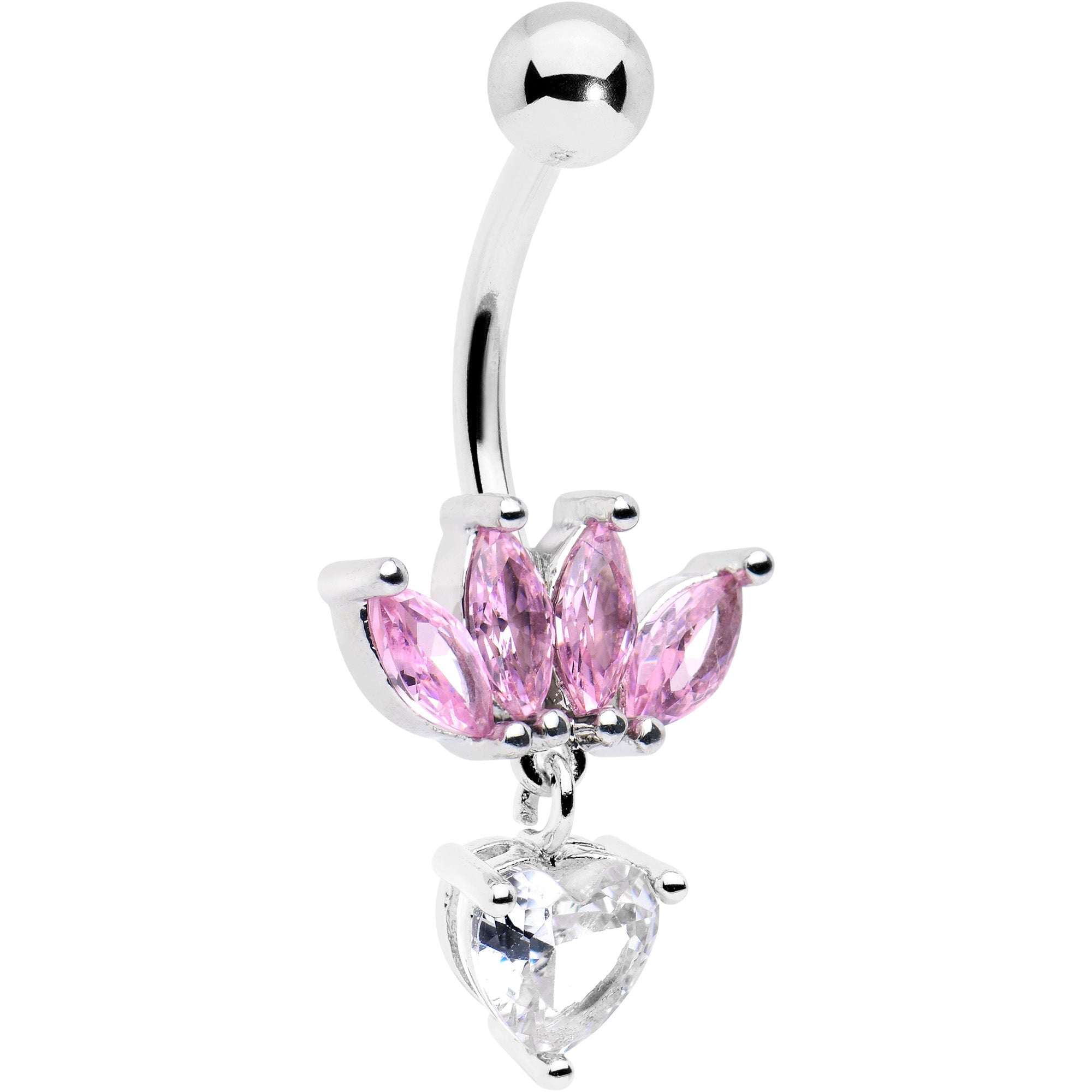 BodyCandy Clear Pink CZ Gem Crown And Heart Dangle Belly Ring — main product shot