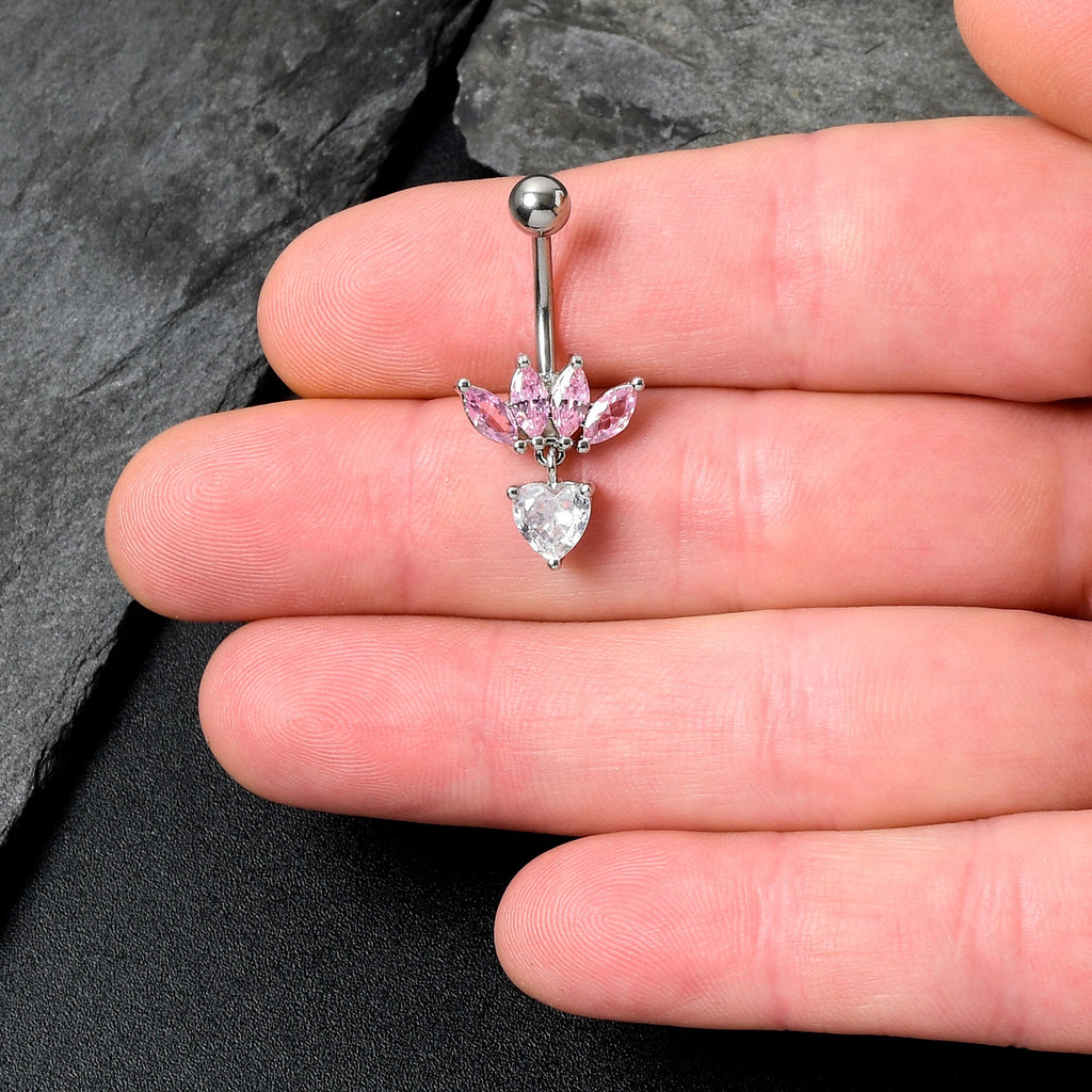 BodyCandy Clear Pink CZ Gem Crown And Heart Dangle Belly Ring — detail close-up