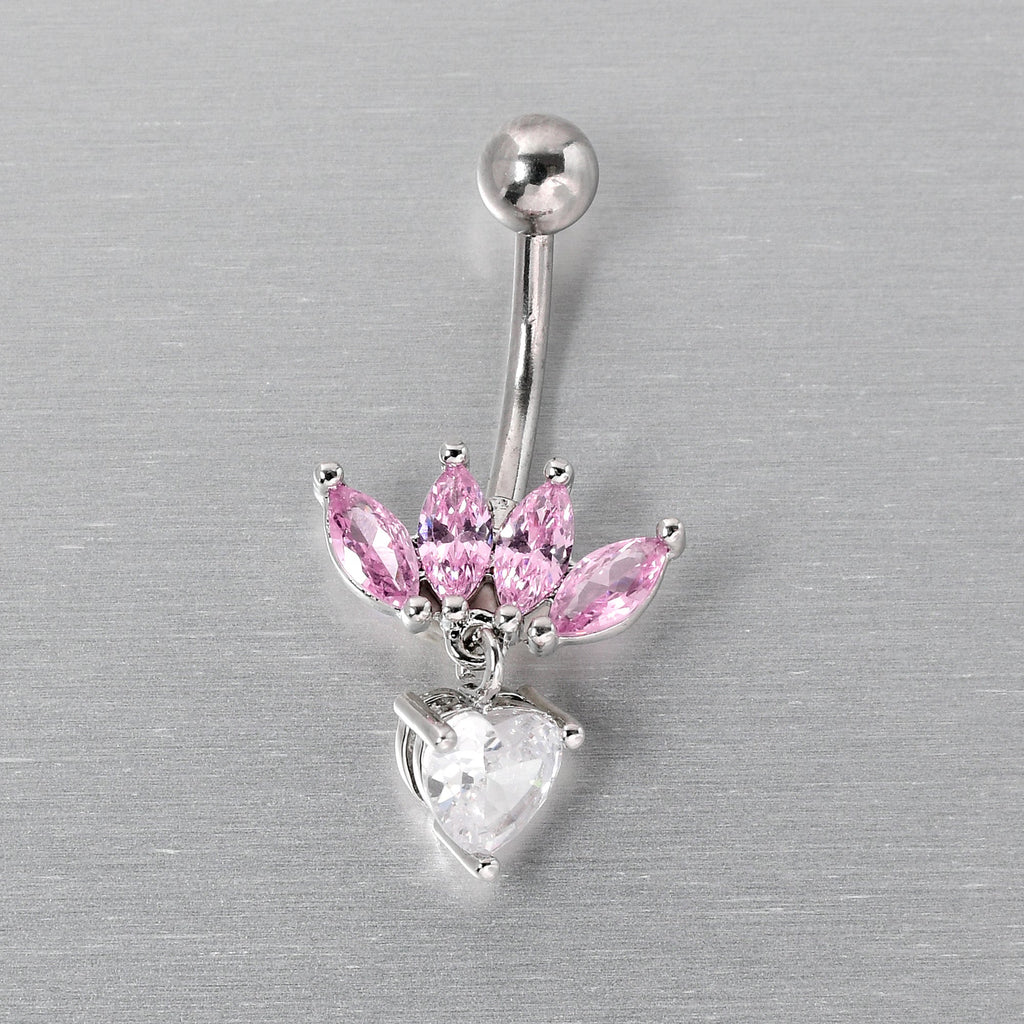 BodyCandy Clear Pink CZ Gem Crown And Heart Dangle Belly Ring — lifestyle context
