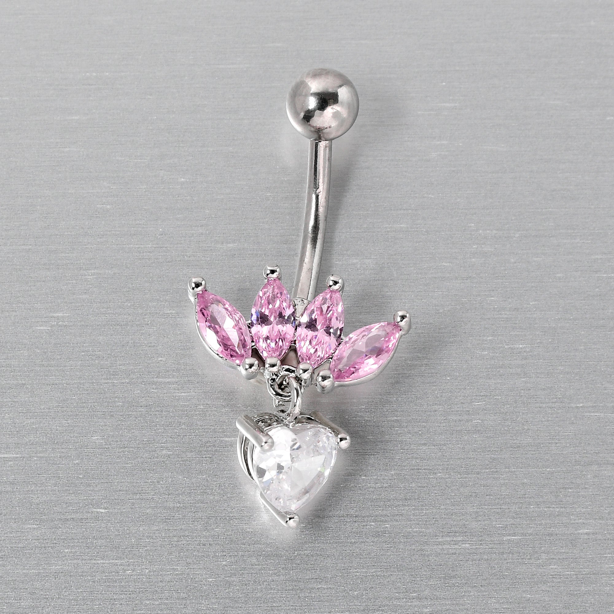 BodyCandy Clear Pink CZ Gem Crown And Heart Dangle Belly Ring — lifestyle context