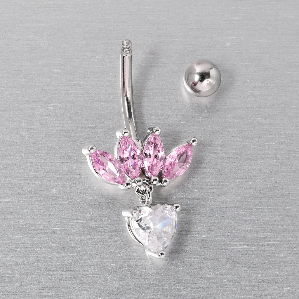 BodyCandy Clear Pink CZ Gem Crown And Heart Dangle Belly Ring — side view