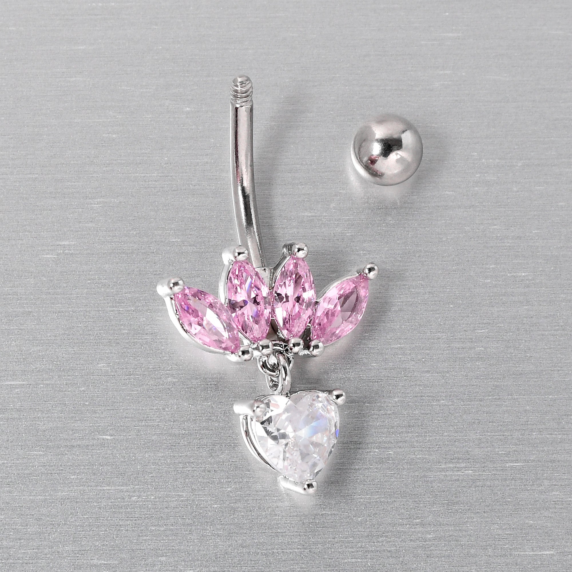 BodyCandy Clear Pink CZ Gem Crown And Heart Dangle Belly Ring — side view
