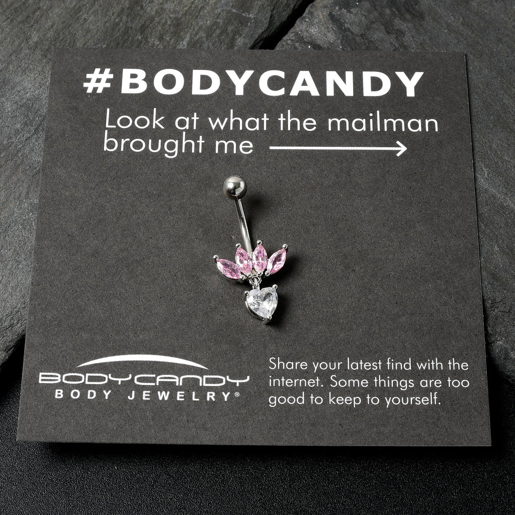 BodyCandy Clear Pink CZ Gem Crown And Heart Dangle Belly Ring — alternative angle