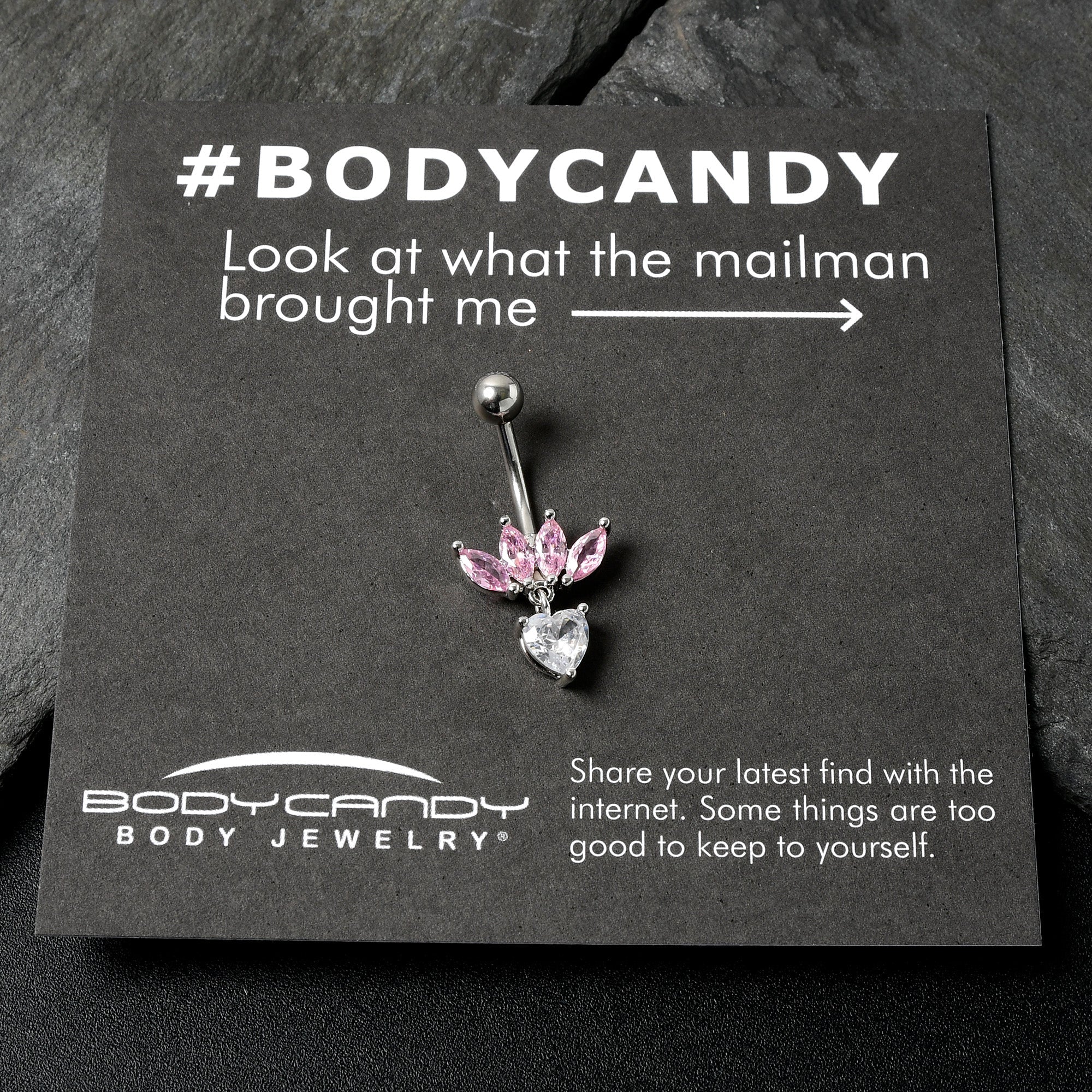 BodyCandy Clear Pink CZ Gem Crown And Heart Dangle Belly Ring — alternative angle