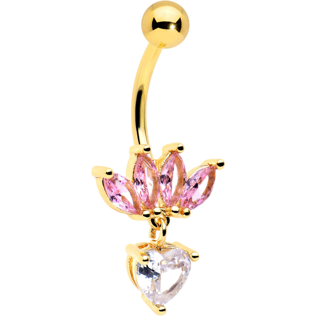 BodyCandy Clear Pink CZ Gem Gold Tone Crown And Heart Dangle Belly Ring — main product shot