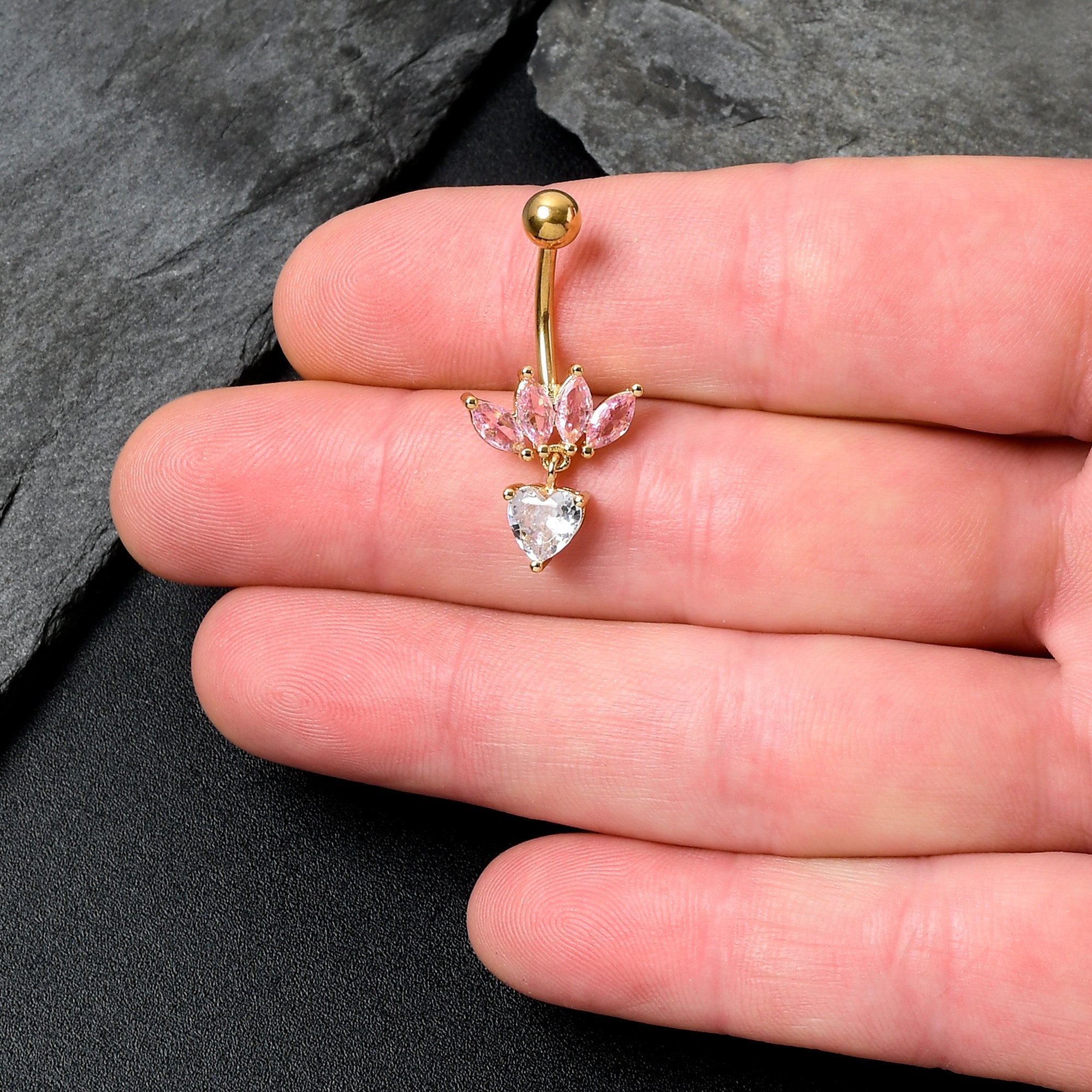 BodyCandy Clear Pink CZ Gem Gold Tone Crown And Heart Dangle Belly Ring — detail close-up