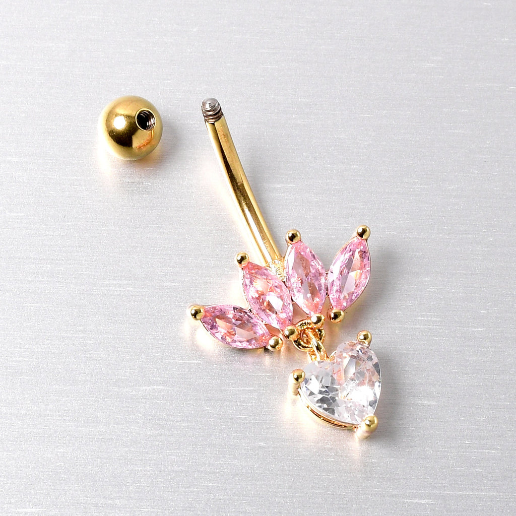 BodyCandy Clear Pink CZ Gem Gold Tone Crown And Heart Dangle Belly Ring — side view