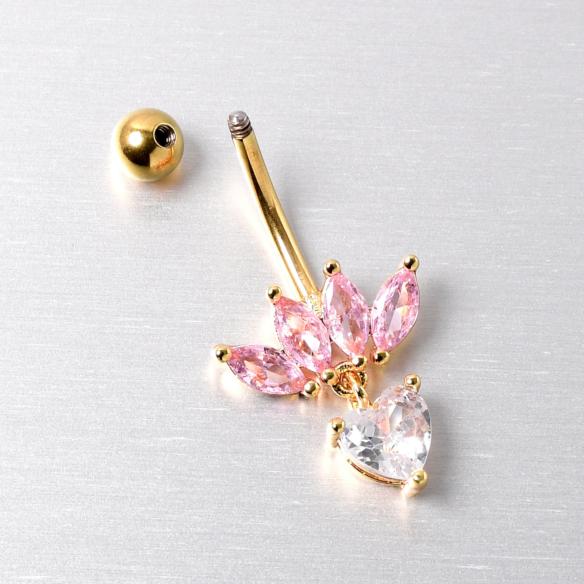 BodyCandy Clear Pink CZ Gem Gold Tone Crown And Heart Dangle Belly Ring — side view