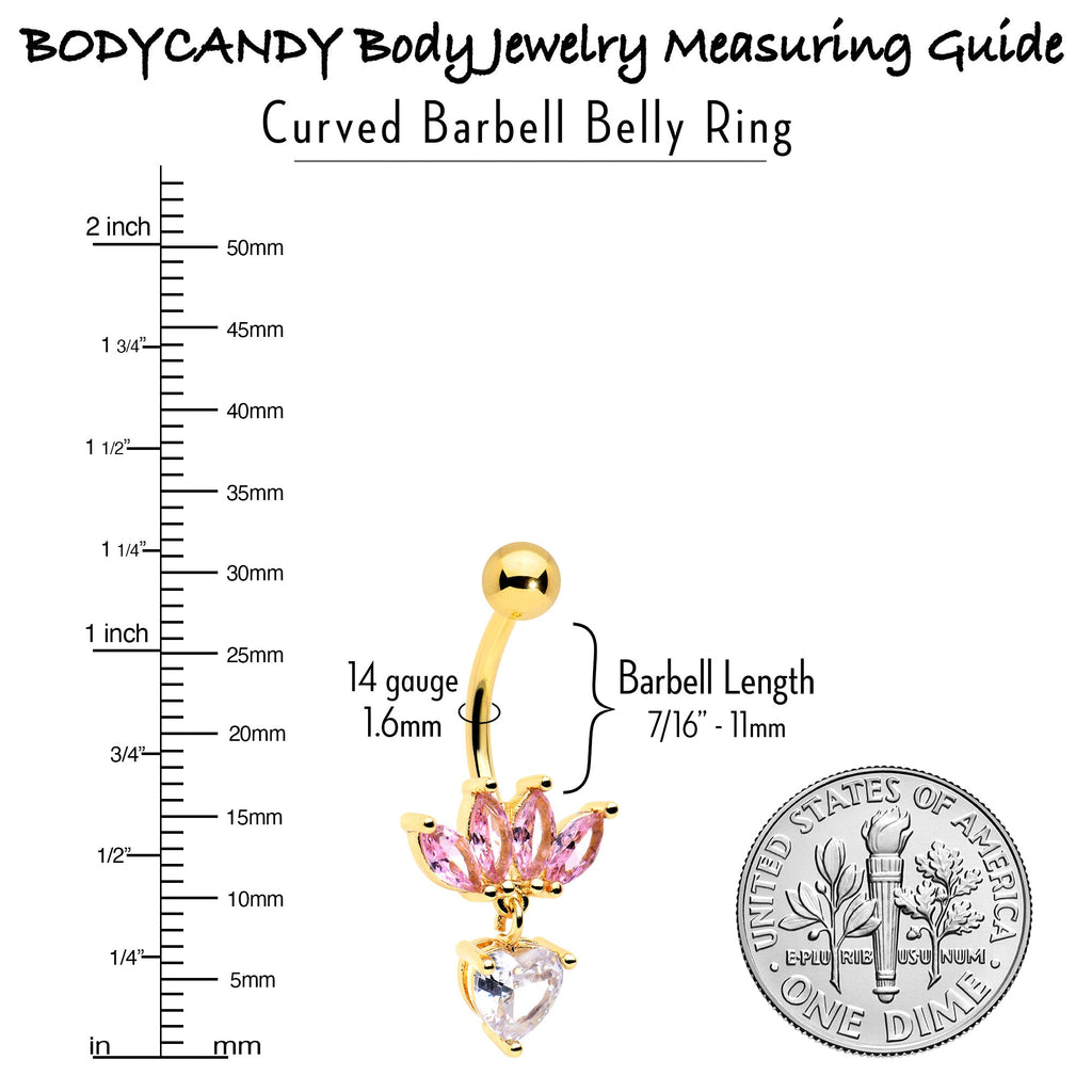 BodyCandy Clear Pink CZ Gem Gold Tone Crown And Heart Dangle Belly Ring — back view
