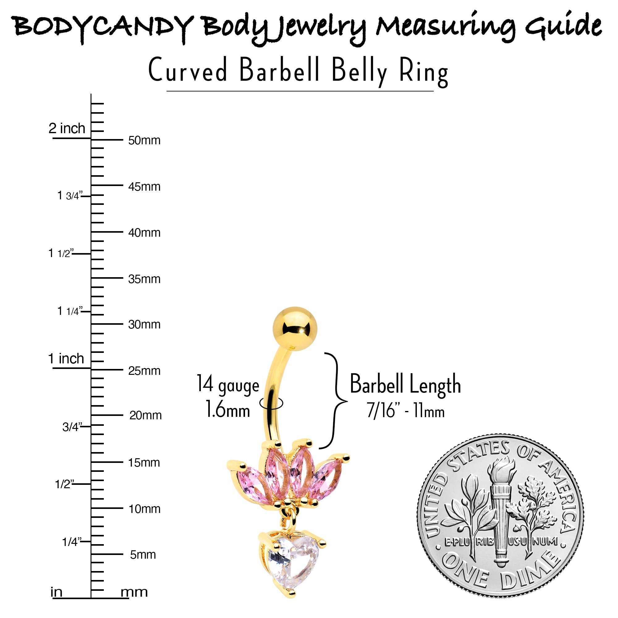 BodyCandy Clear Pink CZ Gem Gold Tone Crown And Heart Dangle Belly Ring — back view