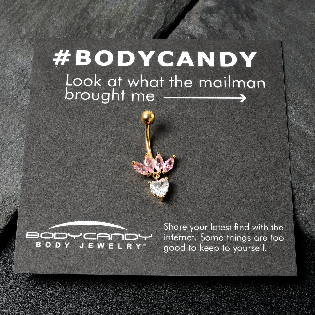 BodyCandy Clear Pink CZ Gem Gold Tone Crown And Heart Dangle Belly Ring — alternative angle