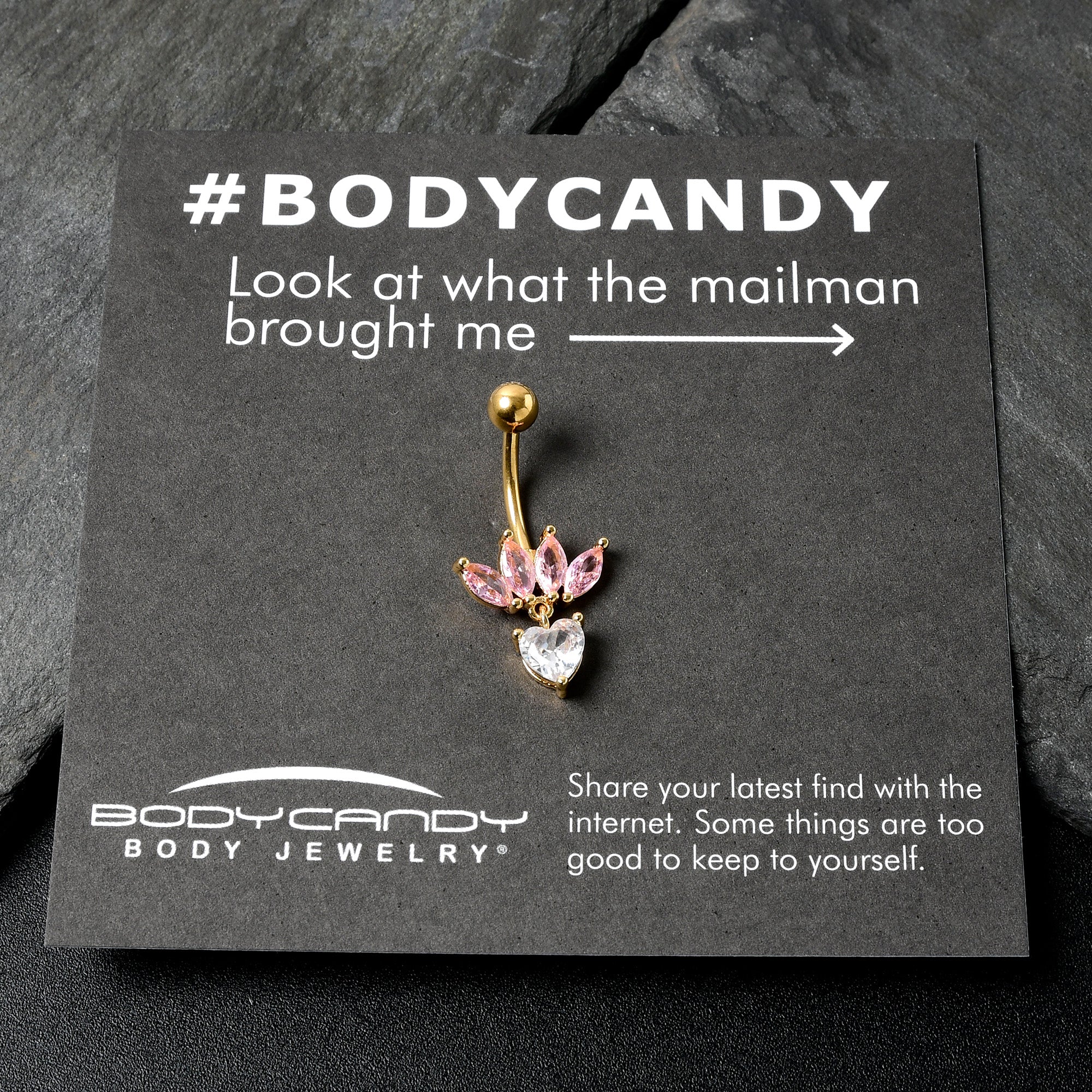BodyCandy Clear Pink CZ Gem Gold Tone Crown And Heart Dangle Belly Ring — alternative angle