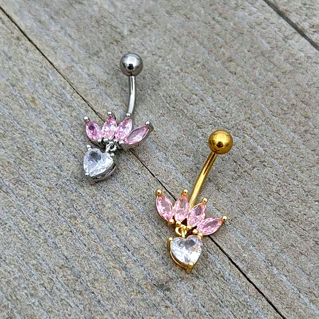 BodyCandy Clear Pink CZ Gem Gold Tone Crown And Heart Dangle Belly Ring — in-use photo