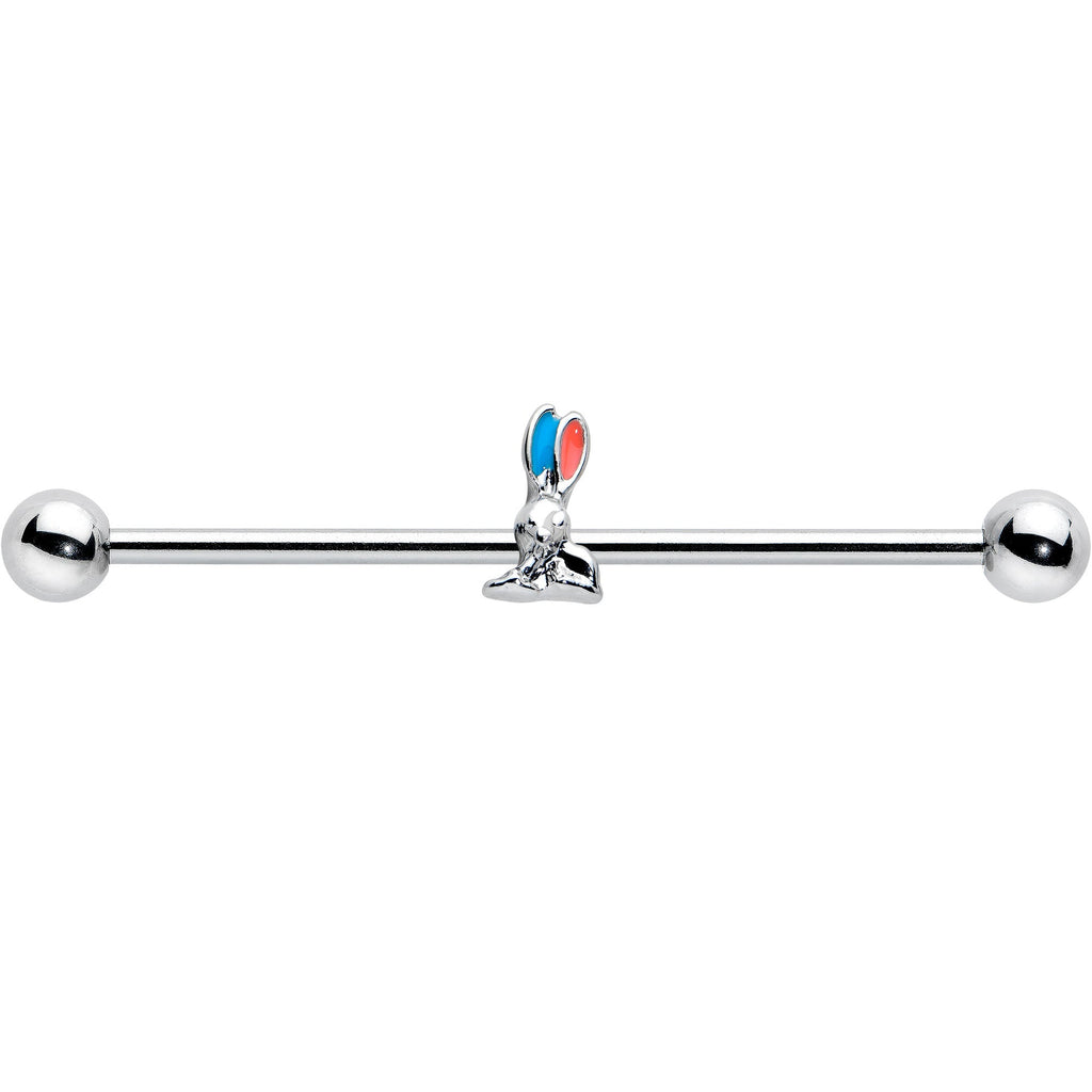 BodyCandy 14G Easter Bunny Red Blue Ears Industrial Barbell 38mm — detail close-up