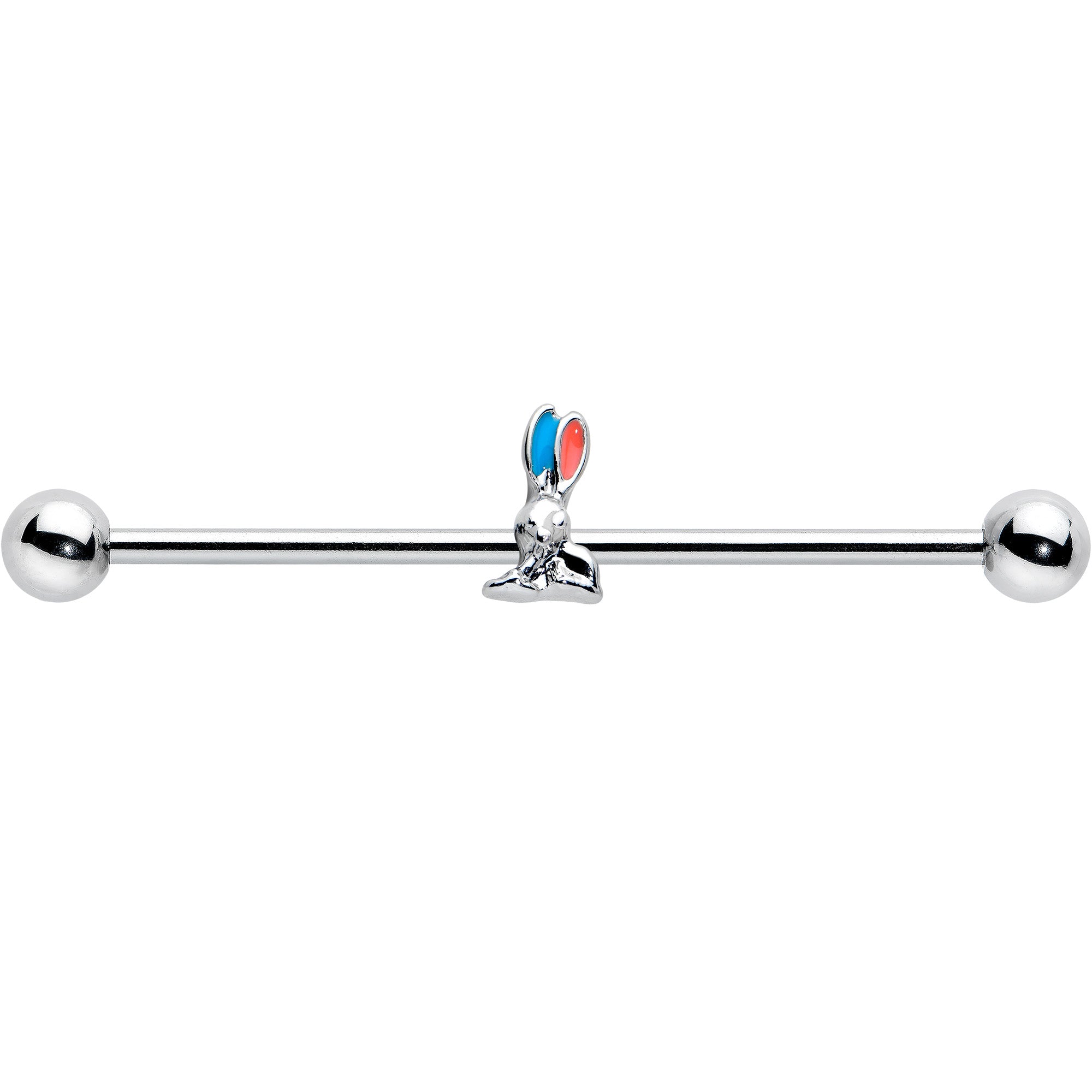 BodyCandy 14G Easter Bunny Red Blue Ears Industrial Barbell 38mm — detail close-up