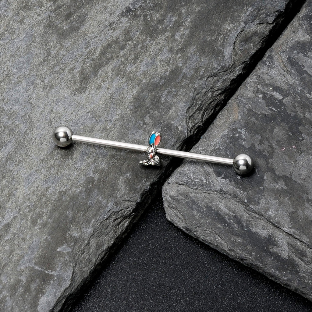 BodyCandy 14G Easter Bunny Red Blue Ears Industrial Barbell 38mm — in-use photo