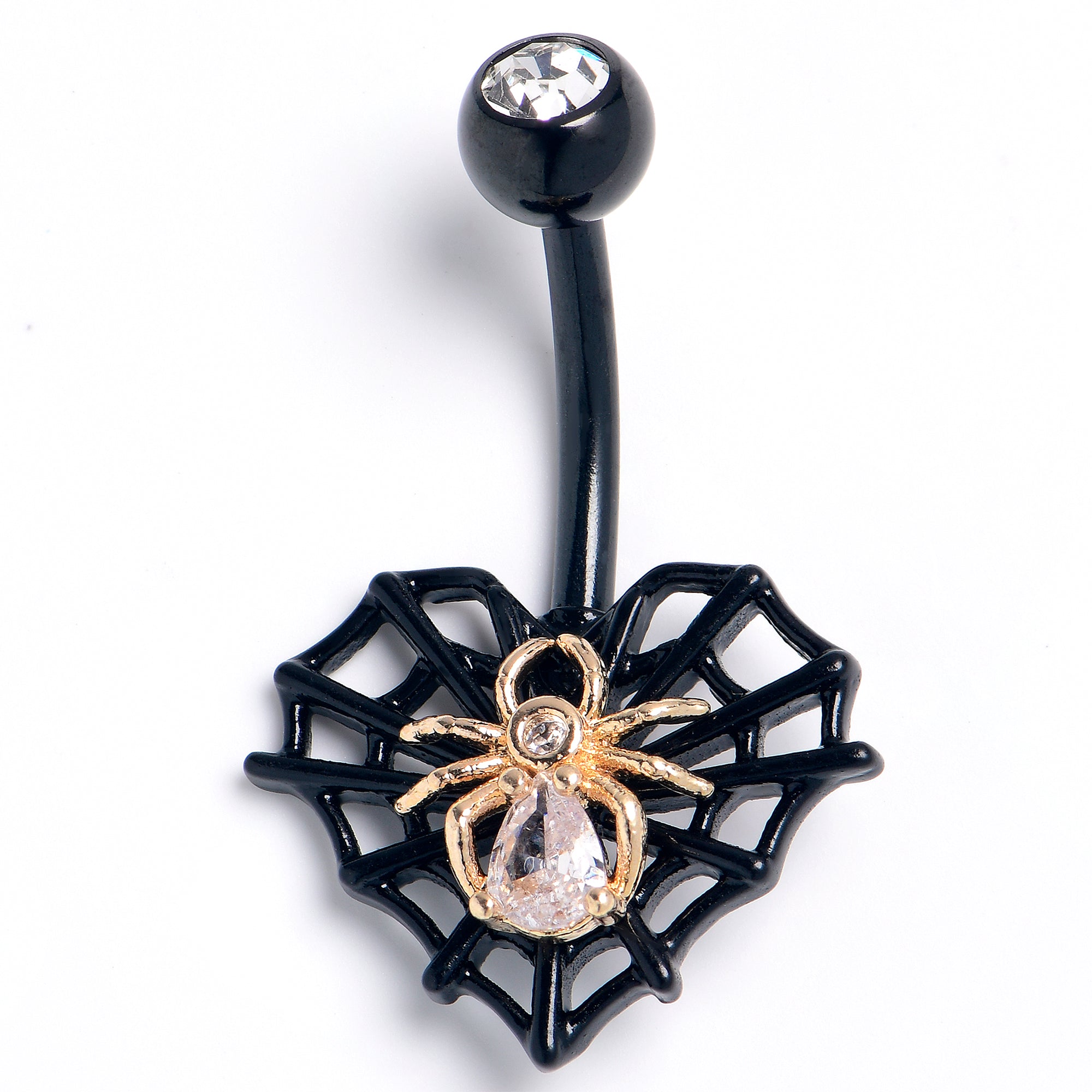BodyCandy Clear Gem Black Golden Spider Web Heart Belly Ring — main product shot