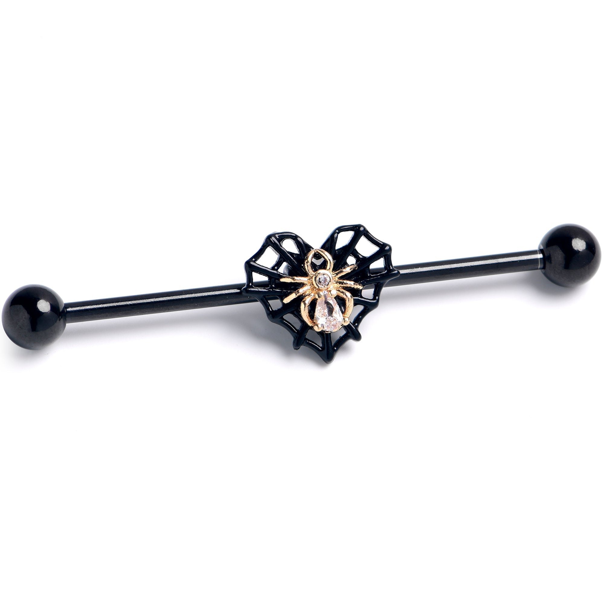 BodyCandy 14G Clear Gem Black Golden Spider Web Heart Industrial Barbell 38mm — main product shot