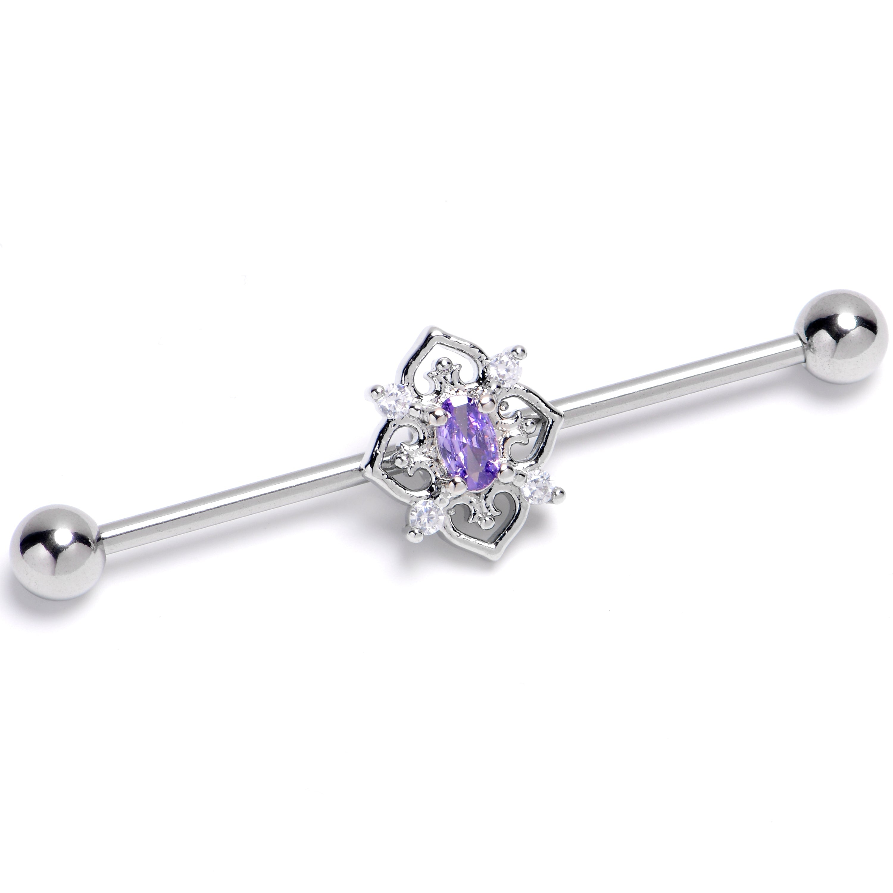 BodyCandy 14G Purple Clear Gem Lace Look Hearts Industrial Barbell 38mm — main product shot