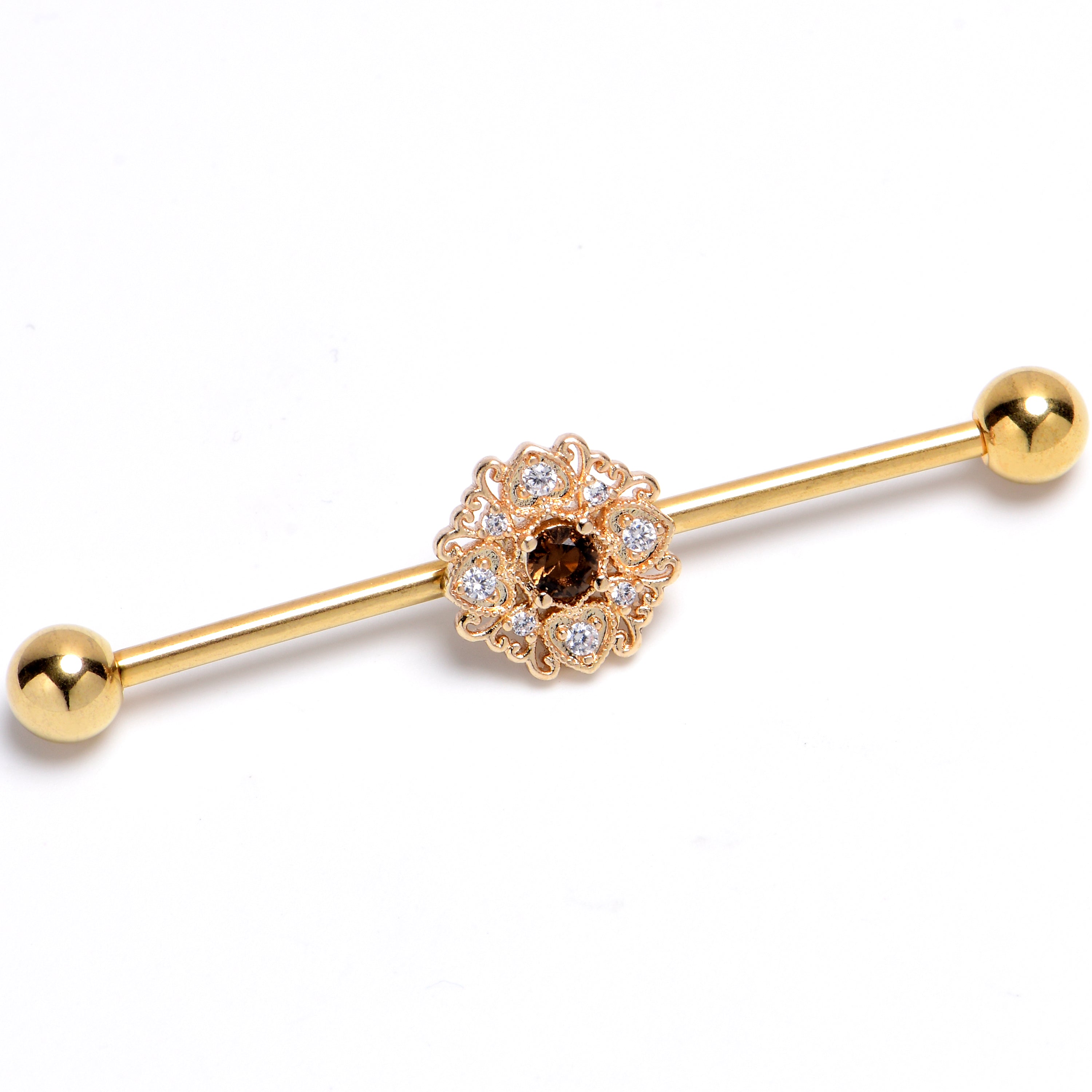BodyCandy 14G Yellow Gem Gold Tone Luxe Hearts Industrial Barbell 38mm — main product shot