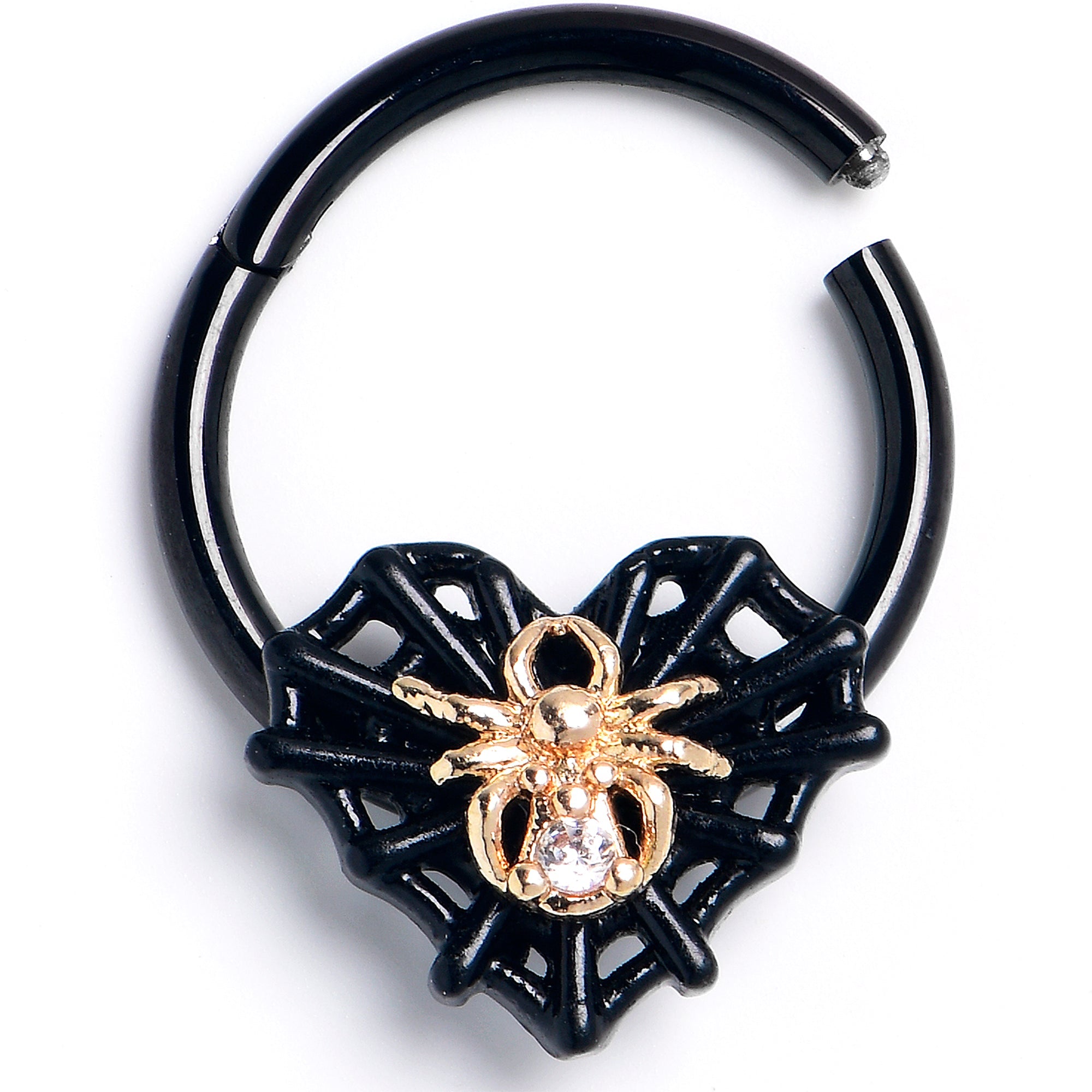 BodyCandy 16G 3/8 Clear Gem Black Golden Spider Web Heart Hinged Segment Ring — main product shot