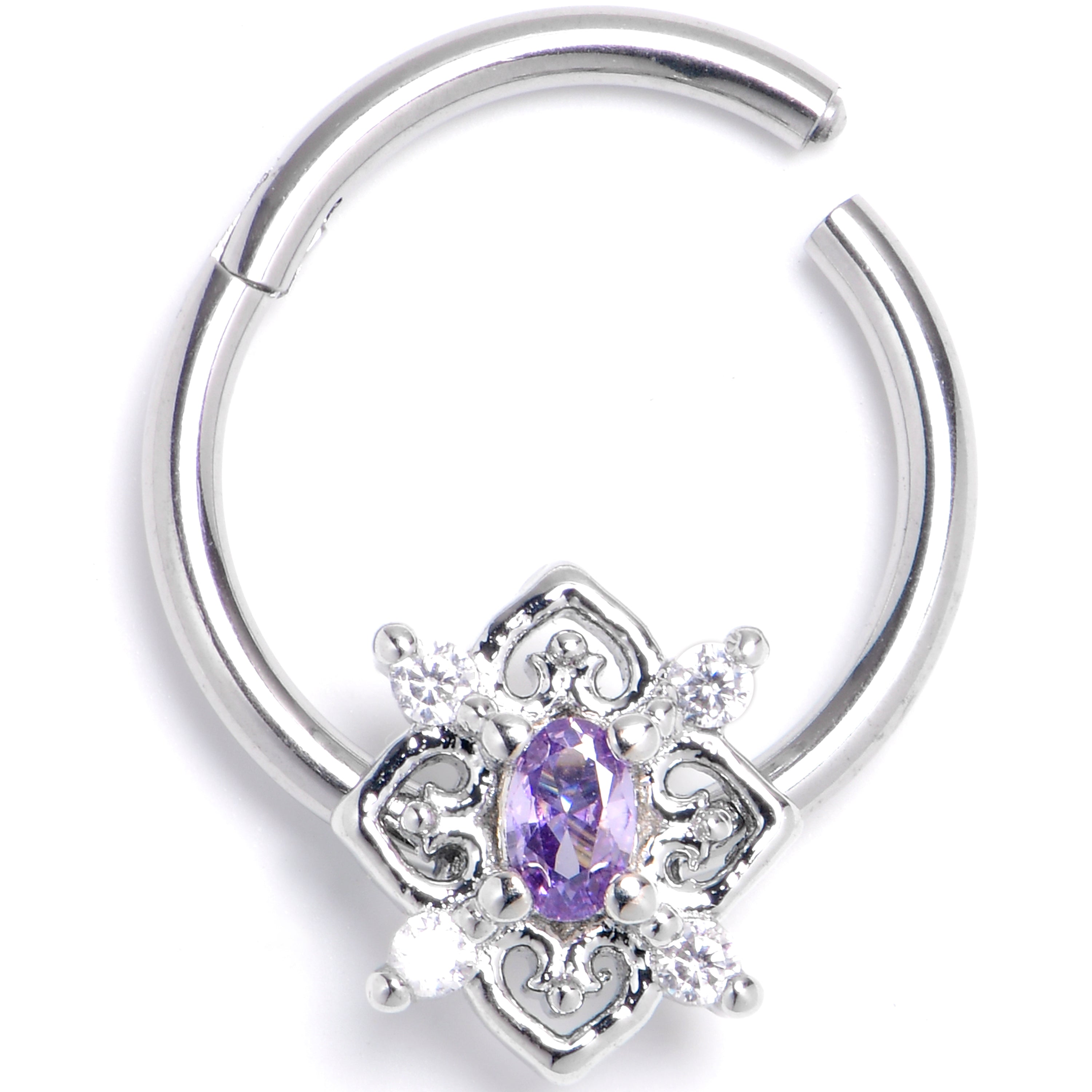 BodyCandy 16G 3/8 Purple Clear Gem Lace Look Hearts Hinged Segment Ring — main product shot