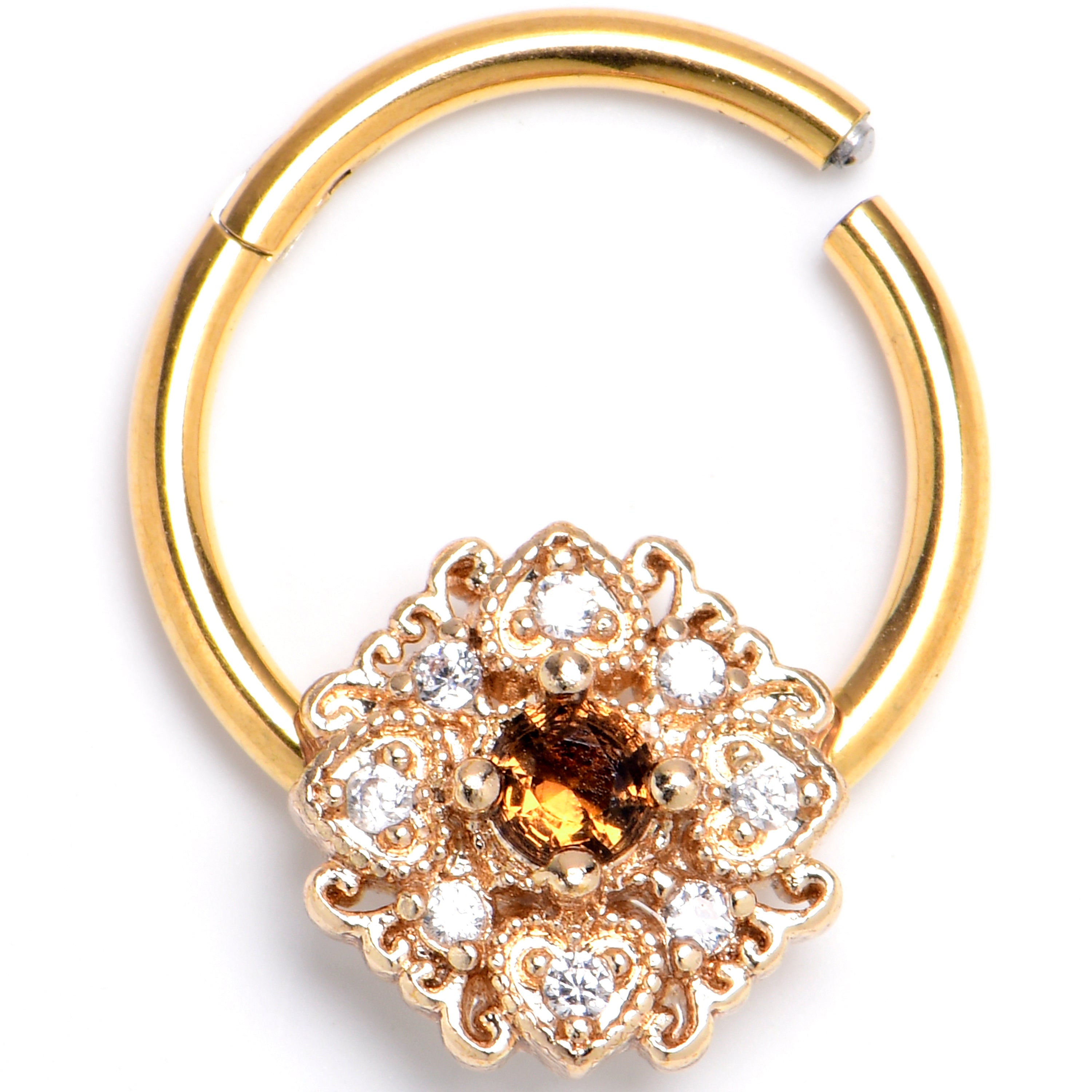 BodyCandy 16G 3/8 Yellow Gem Gold Tone Luxe Heart Hinged Segment Ring — main product shot
